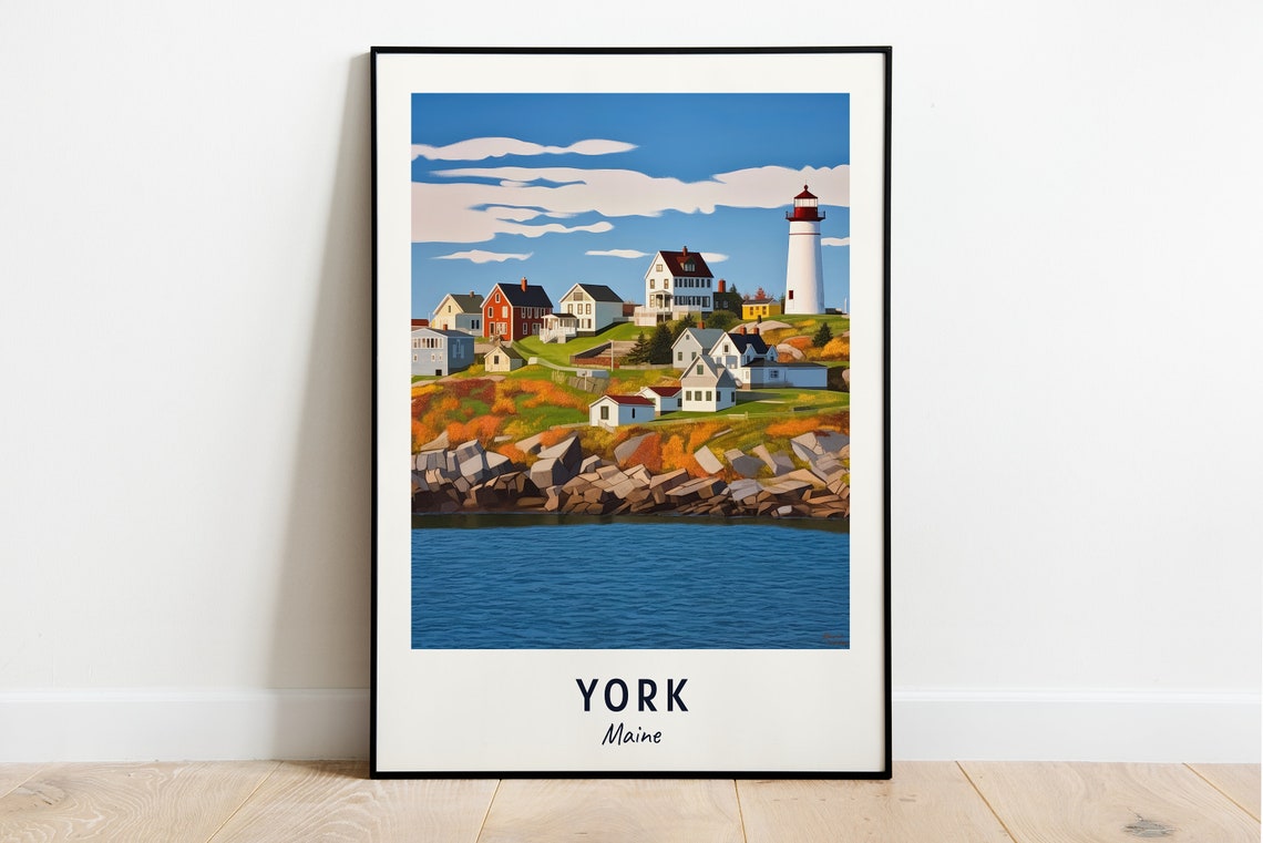 York Maine Coastal Town Lighthouse Rocky Harbor Scene Travel Poster