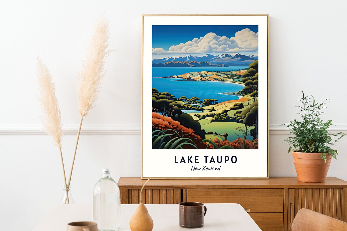 Lake Taupo New Zealand Blue Lake Mountain View Travel Poster - Image 2
