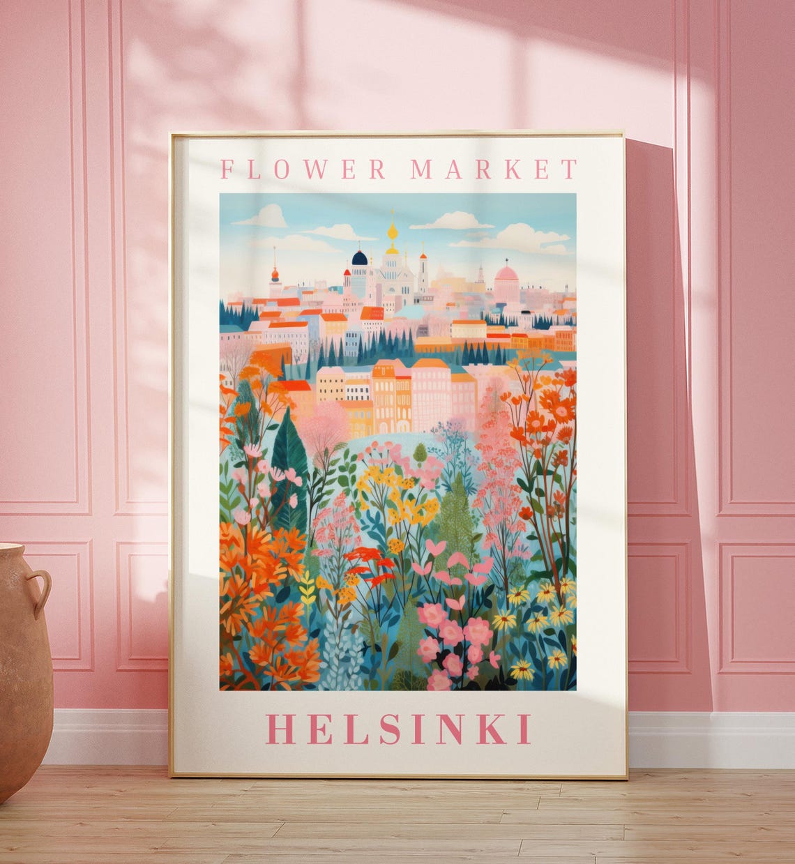 Helsinki Flower Market Poster with Cathedral Dome Meadow Art