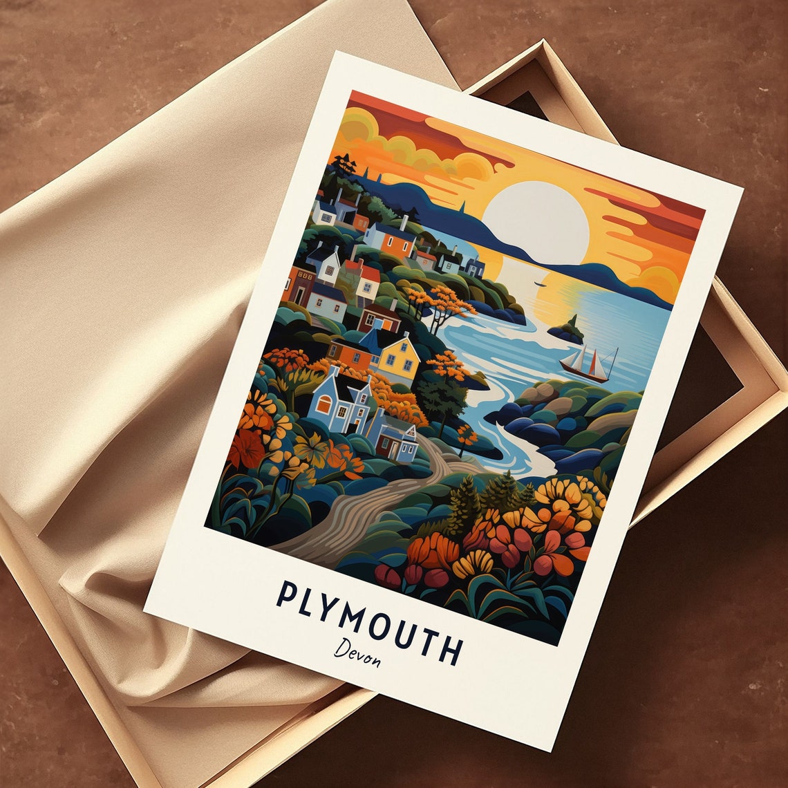 Plymouth Devon Golden Sunset Harbour Cottages Floral Cove Poster - Image 3