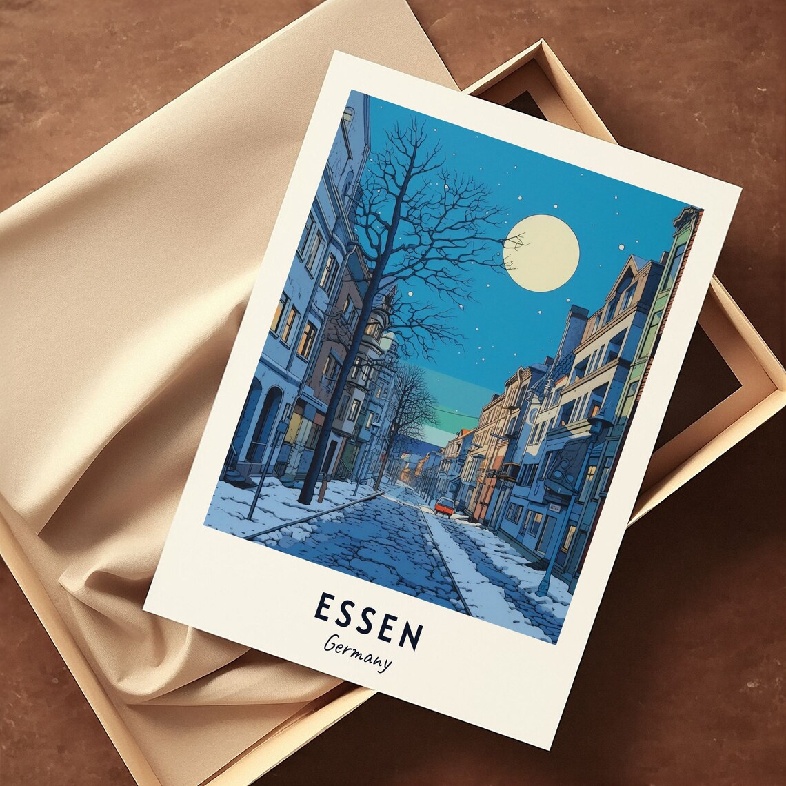 Essen Germany Moonlit Snowy Street Winter Night Travel Poster - Image 3