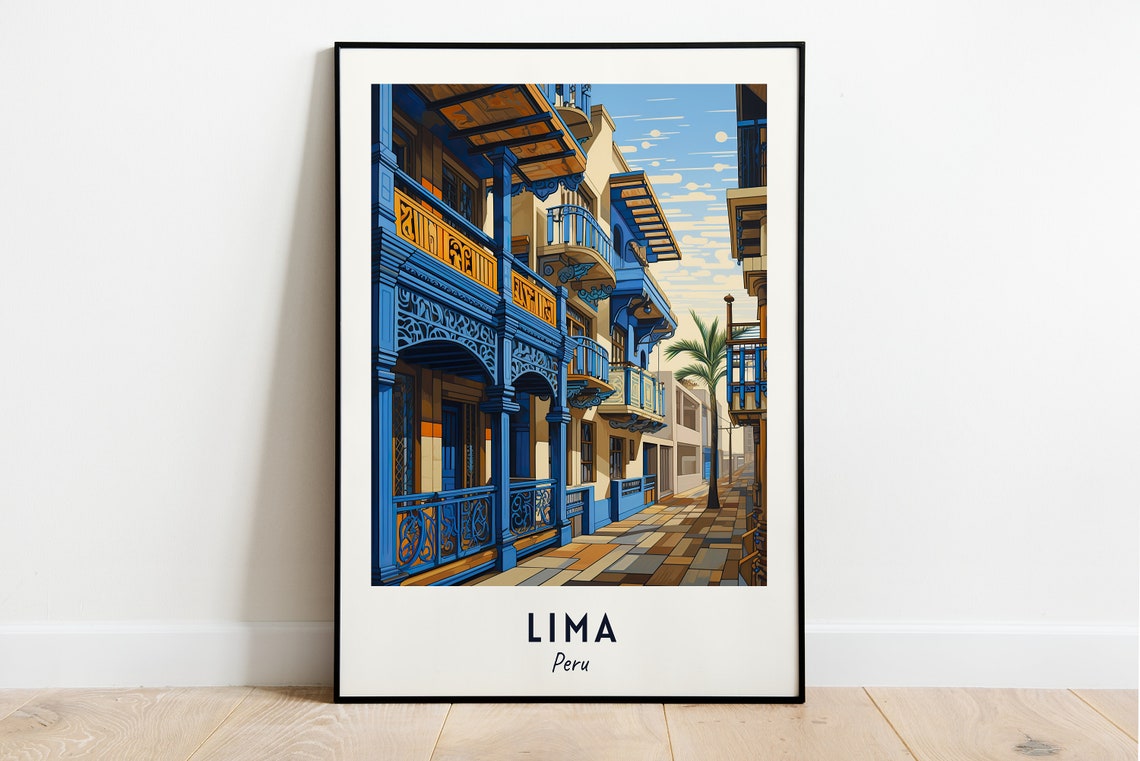 Lima Colonial Balconies Street in Historic Center Peru Travel Poster