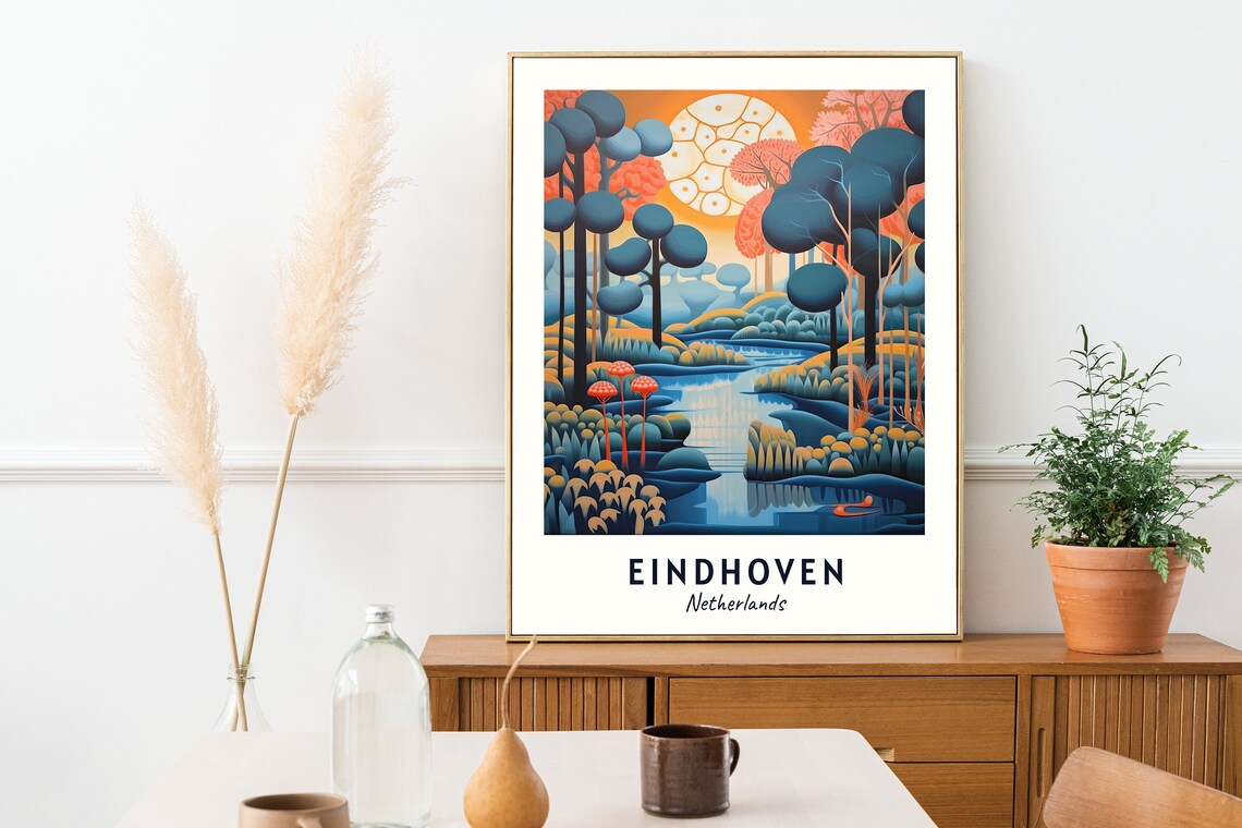 Eindhoven Netherlands Orange Moon Forest River Sunset Art Travel Poster - Image 2