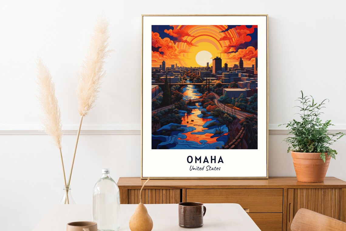 Omaha United States City Skyline River Sunset Clouds Scene Poster - Image 2