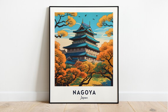 Nagoya Japan Castle Among Autumn Foliage Retro Style Travel Poster