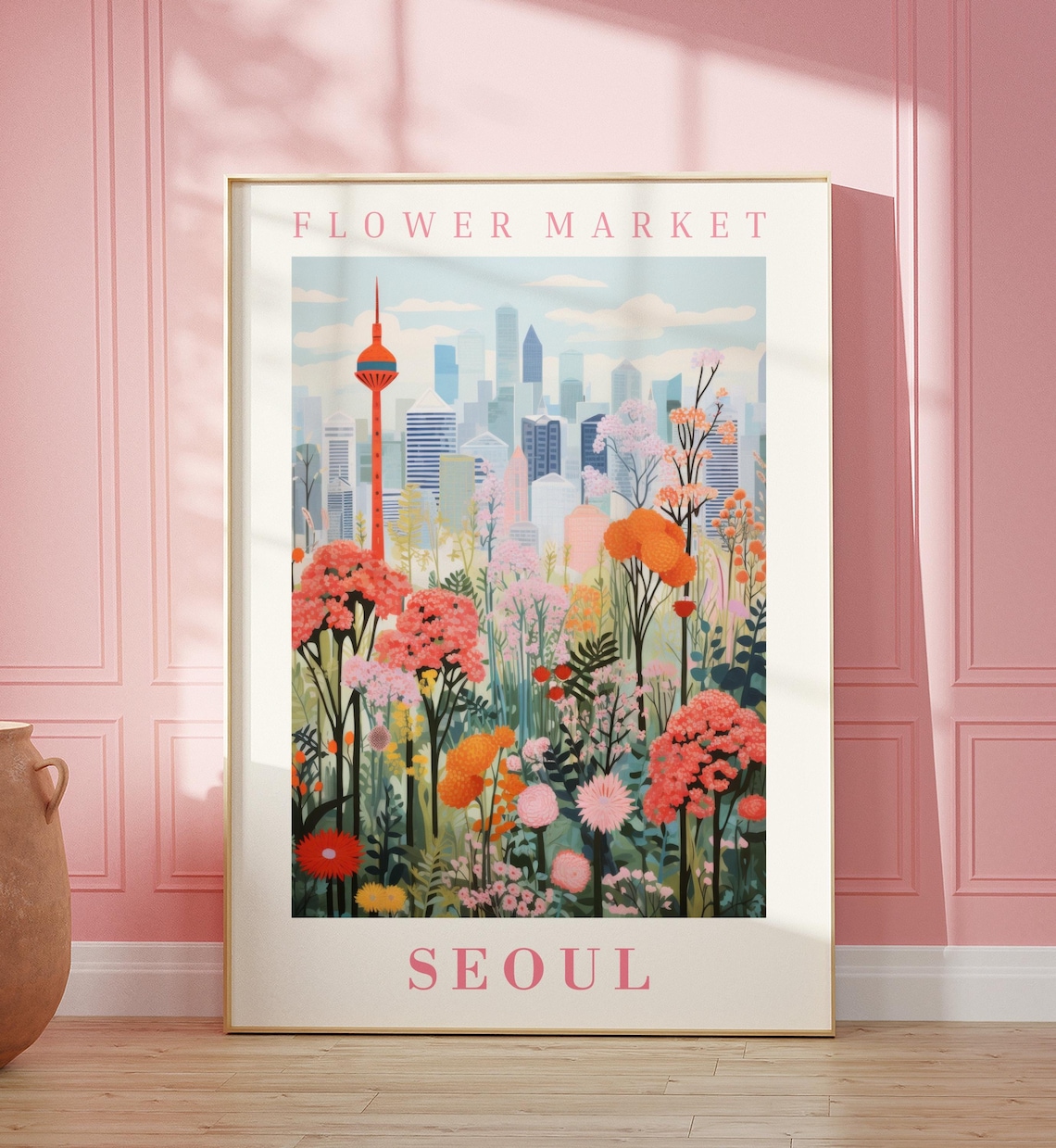 Seoul Flower Market Travel Poster, Floral Illustration
