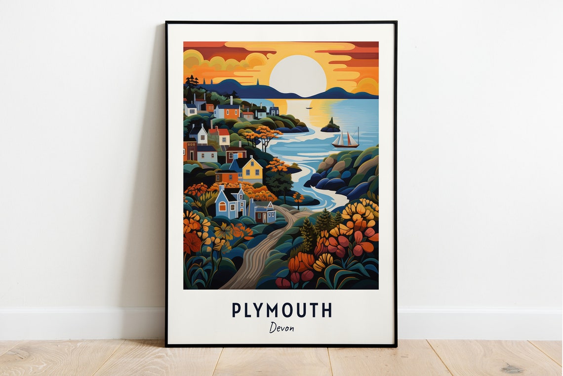 Plymouth Devon Golden Sunset Harbour Cottages Floral Cove Poster