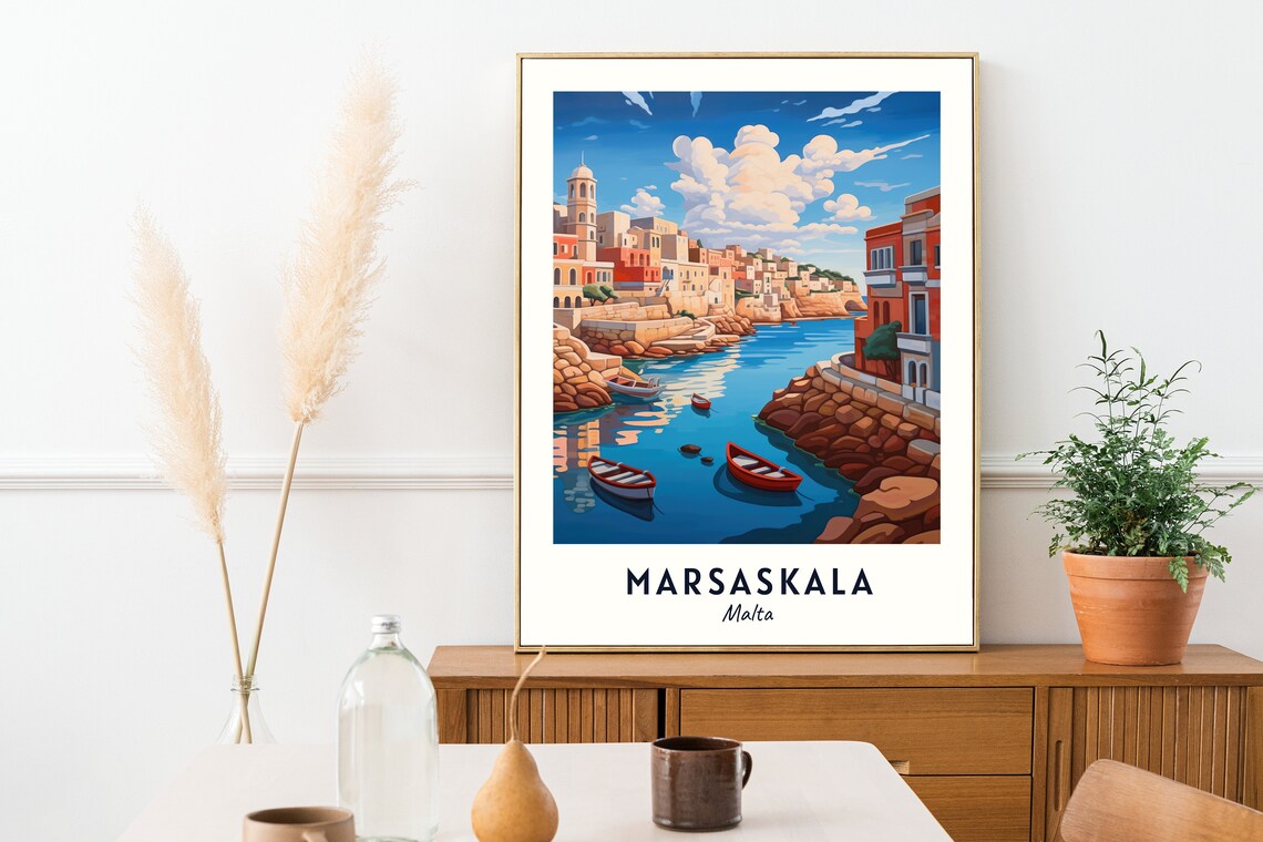 Rocky Coastal Inlet with Red Fishing Boats Marsaskala Malta Poster - Image 2