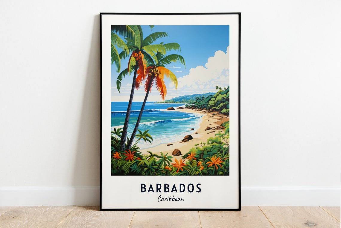 Barbados Caribbean Palm Tree Beach Tropical Scene Travel Poster