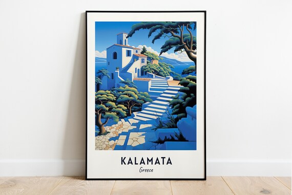 Kalamata Blue White Seaside Hillside Stairs Coast Travel Poster