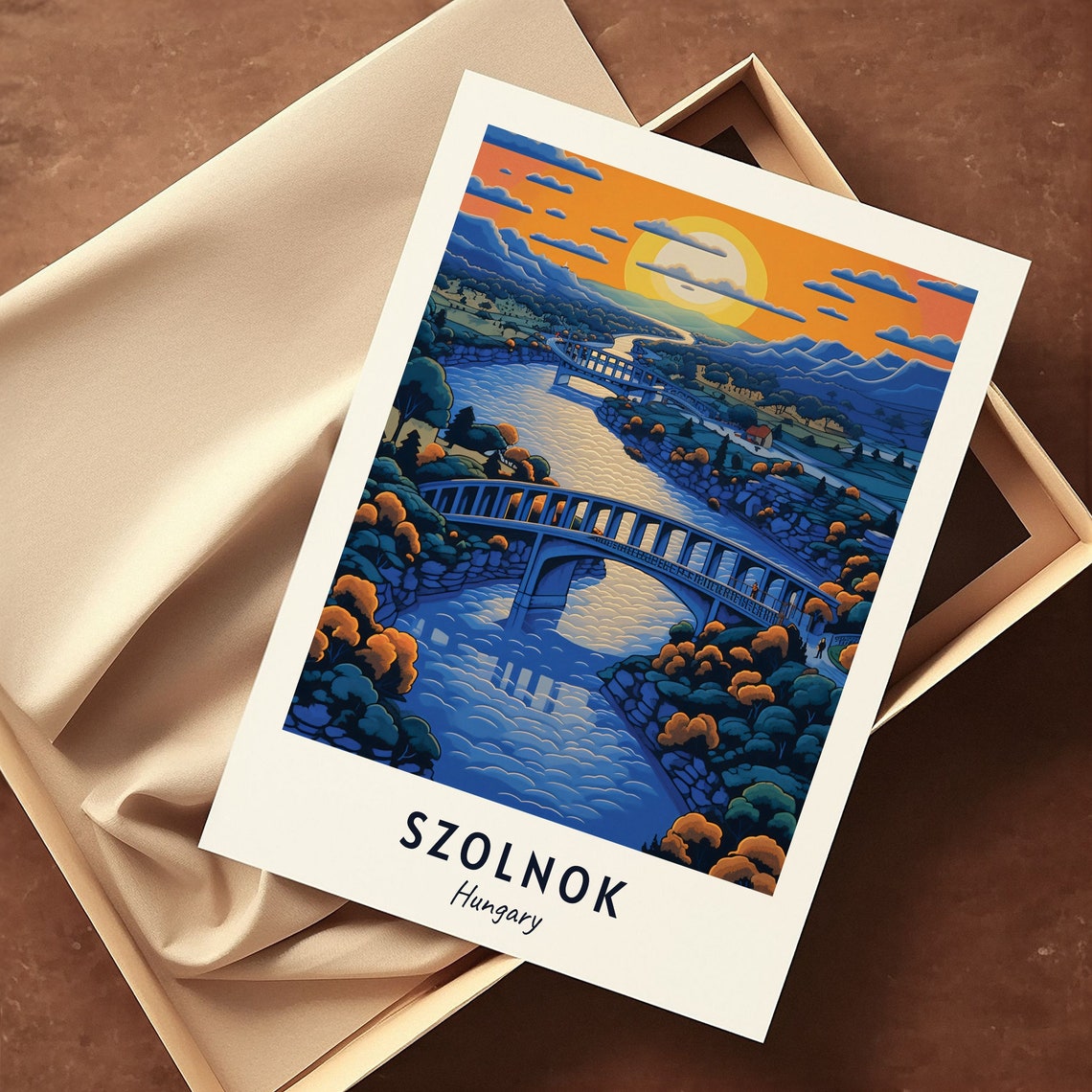 Szolnok Hungary River Bridges Sunset Illustrated Travel Poster - Image 3