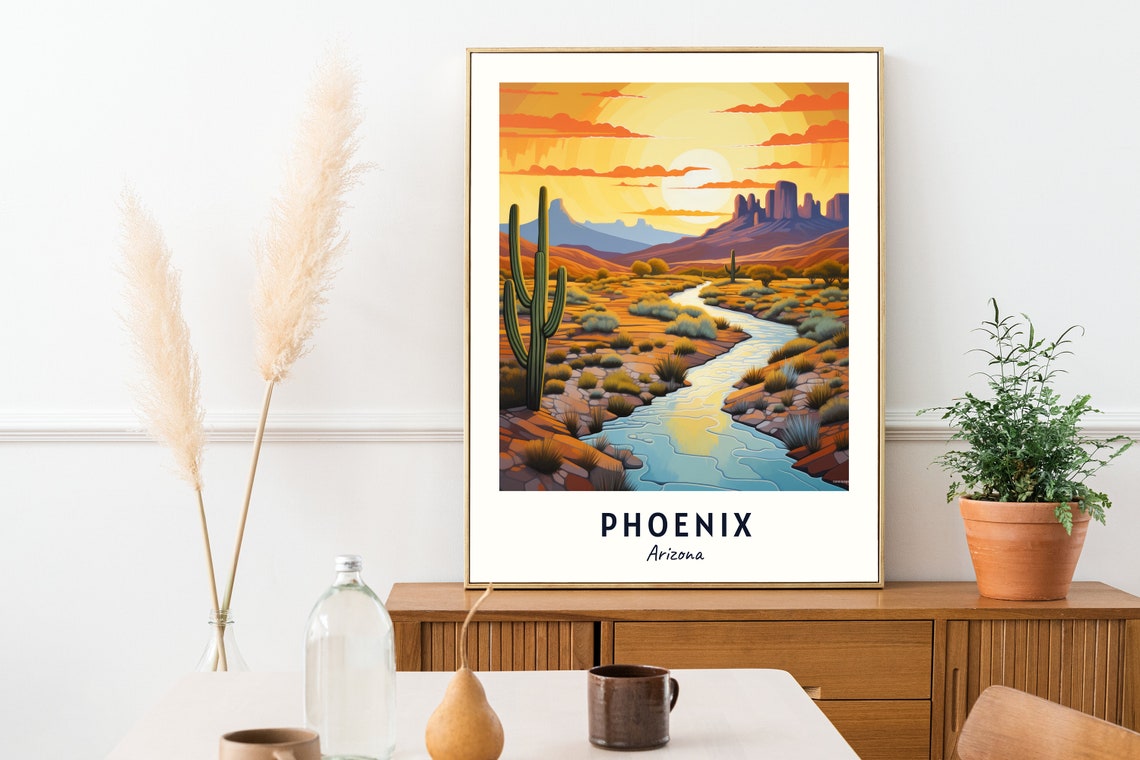 Phoenix Arizona Desert Sunset Saguaro Cactus River Travel Poster - Image 2