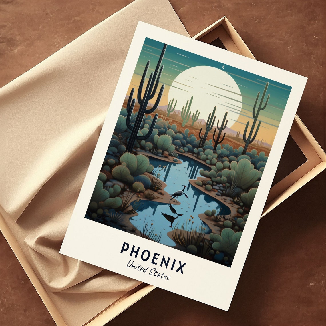 Phoenix Desert Saguaro Cacti Moonrise Oasis Herons Travel Poster - Image 3