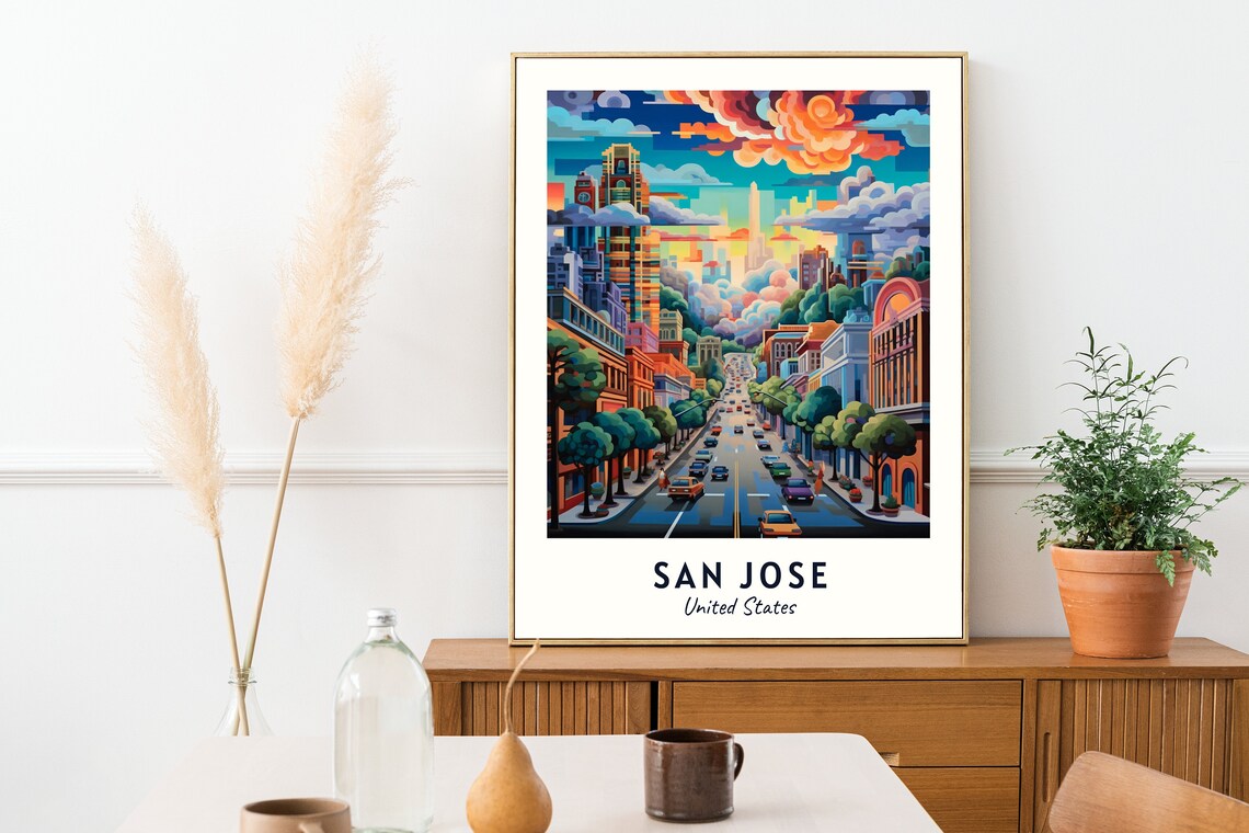 San Jose USA Downtown Street Sunset Skyline Travel Poster Home Decor - Image 2