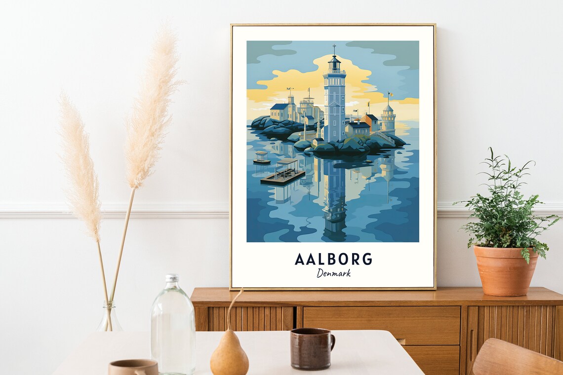 Tall White Tower on Rocky Island Water Reflection Aalborg Denmark Poster - Image 2