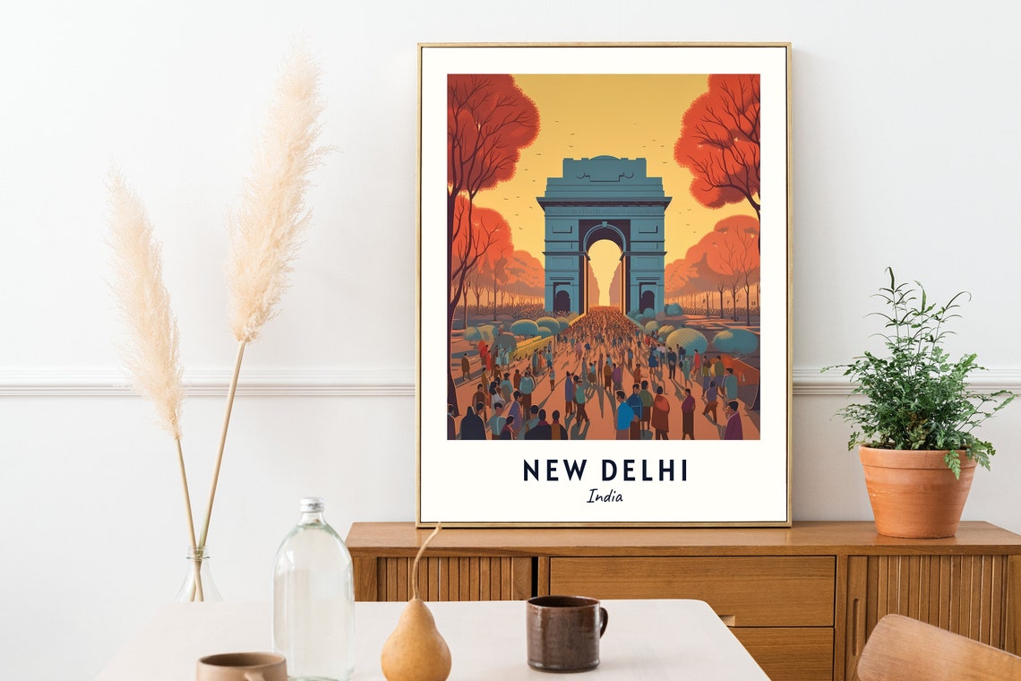 New Delhi India Gate At Sunset With Crowds Vintage Style Travel Poster - Image 2