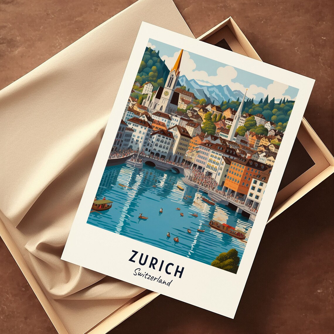 Zurich Switzerland Old Town River Boats Daytime View Travel Poster - Image 3