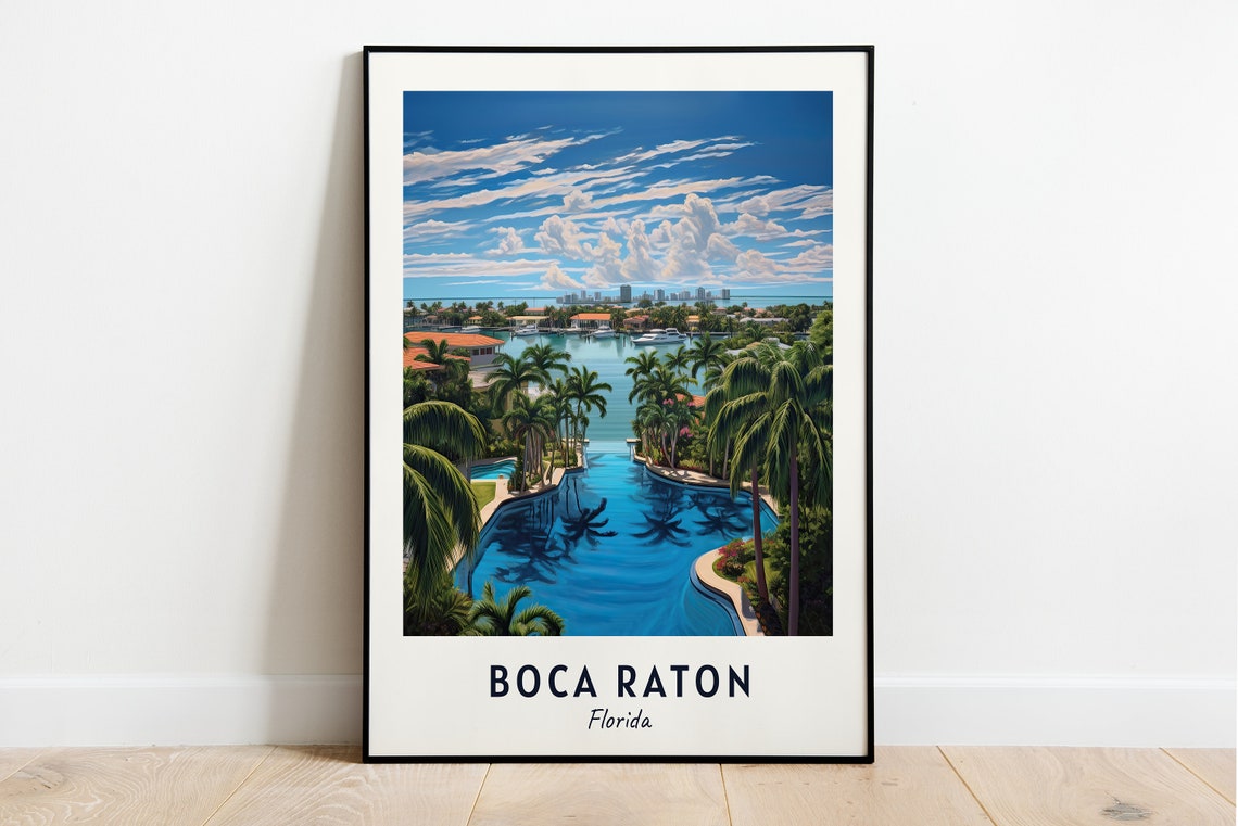 Boca Raton Florida Tropical Lagoon Palm Trees Skyline Travel Poster