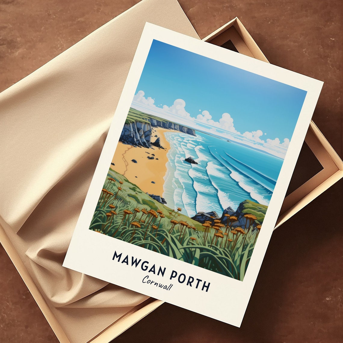Mawgan Porth Cornwall Sandy Beach Beneath Sea Cliffs Travel Poster - Image 3