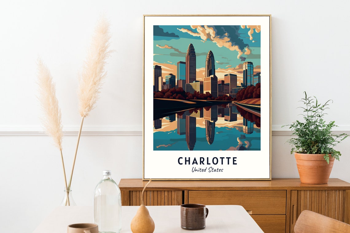 Charlotte North Carolina Skyline Reflected At Dusk Travel Poster - Image 2