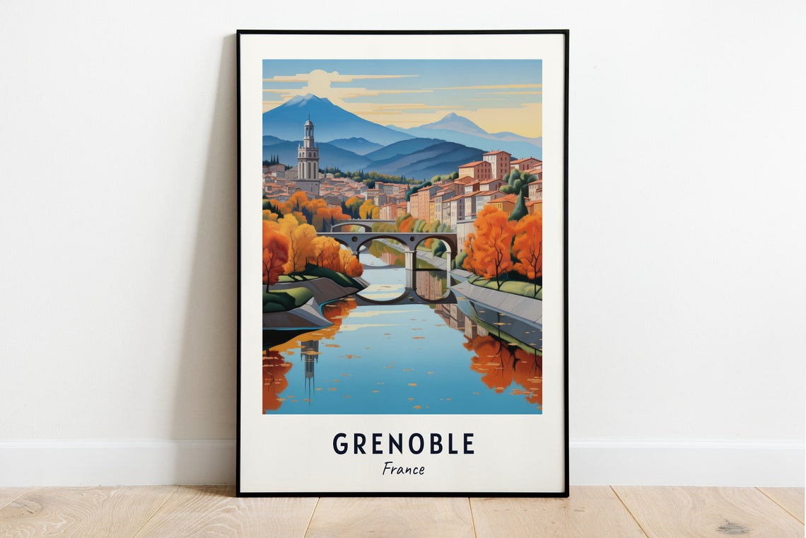 Grenoble France Old Town Bridge River Autumn Mountains Poster