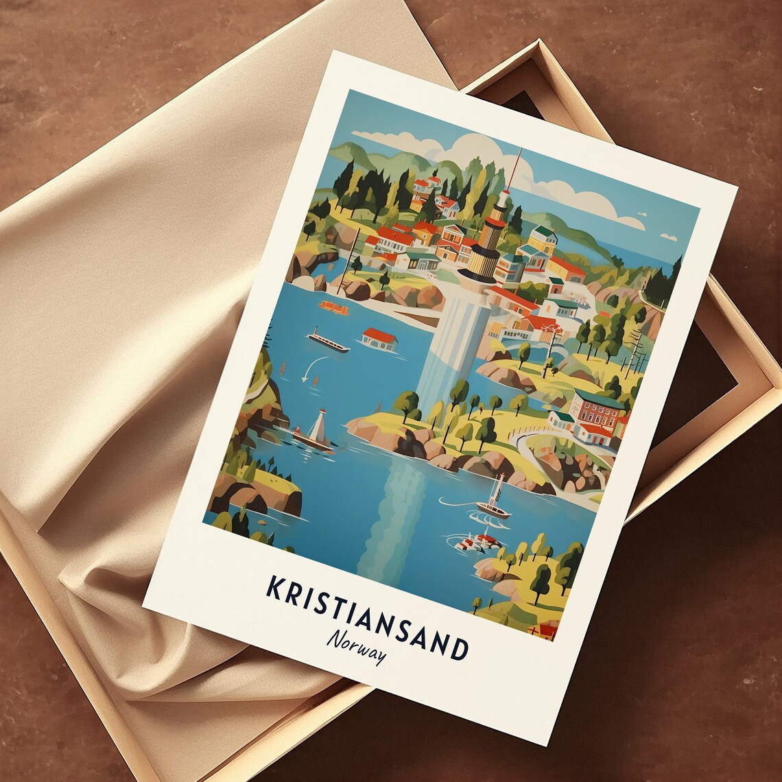 Coastal Harbor Town with Tower and Boats Kristiansand Norway Poster - Image 3