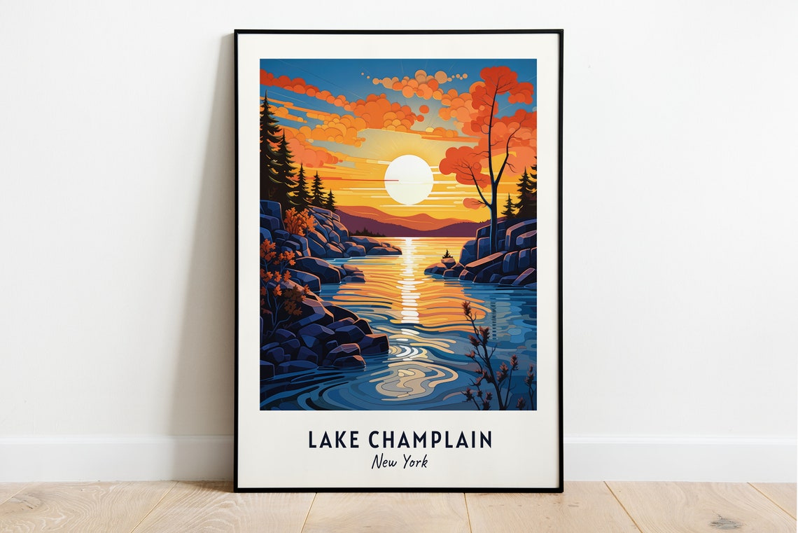 Lake Champlain New York Autumn Lakeside Sunset Travel Poster