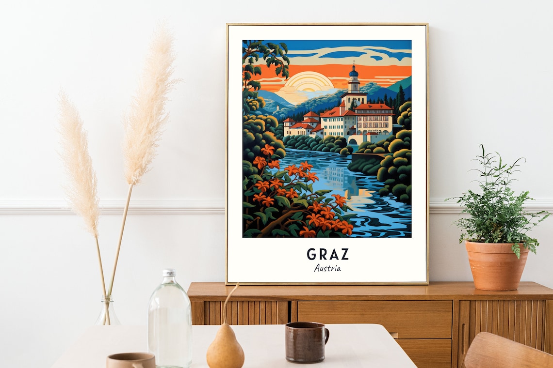 Riverside Monastery and Lilies at Sunset Graz Austria Travel Poster - Image 2