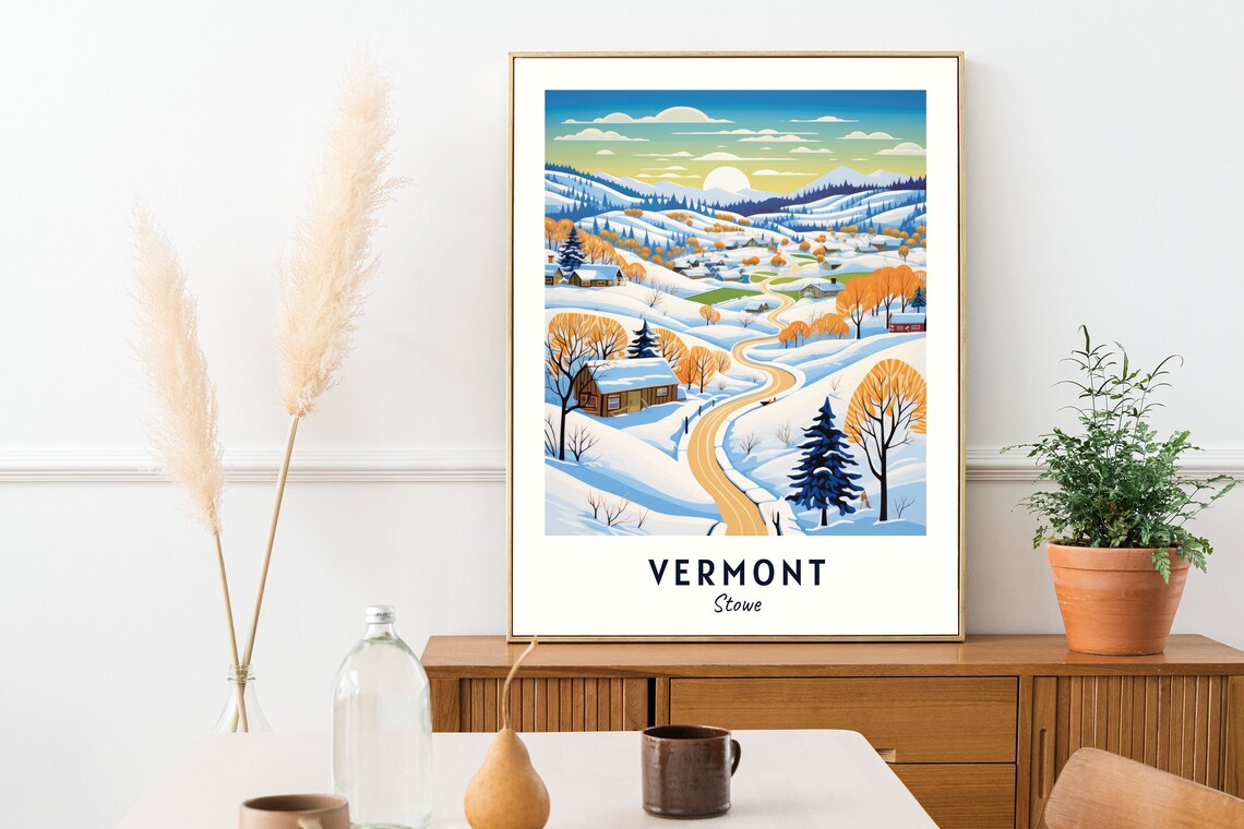 Vermont Stowe Snowy Winter Village Golden Sunrise Travel Poster - Image 2