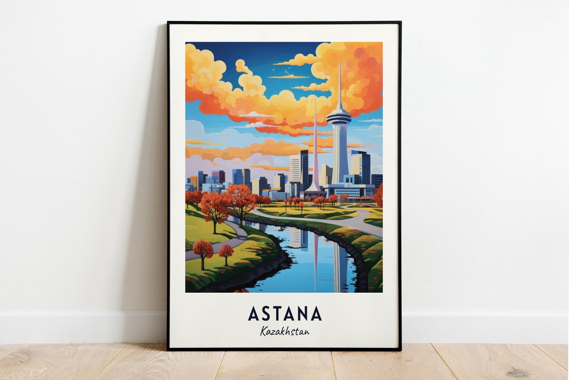 Astana Kazakhstan Modern Skyline River Park And Autumn Trees Poster