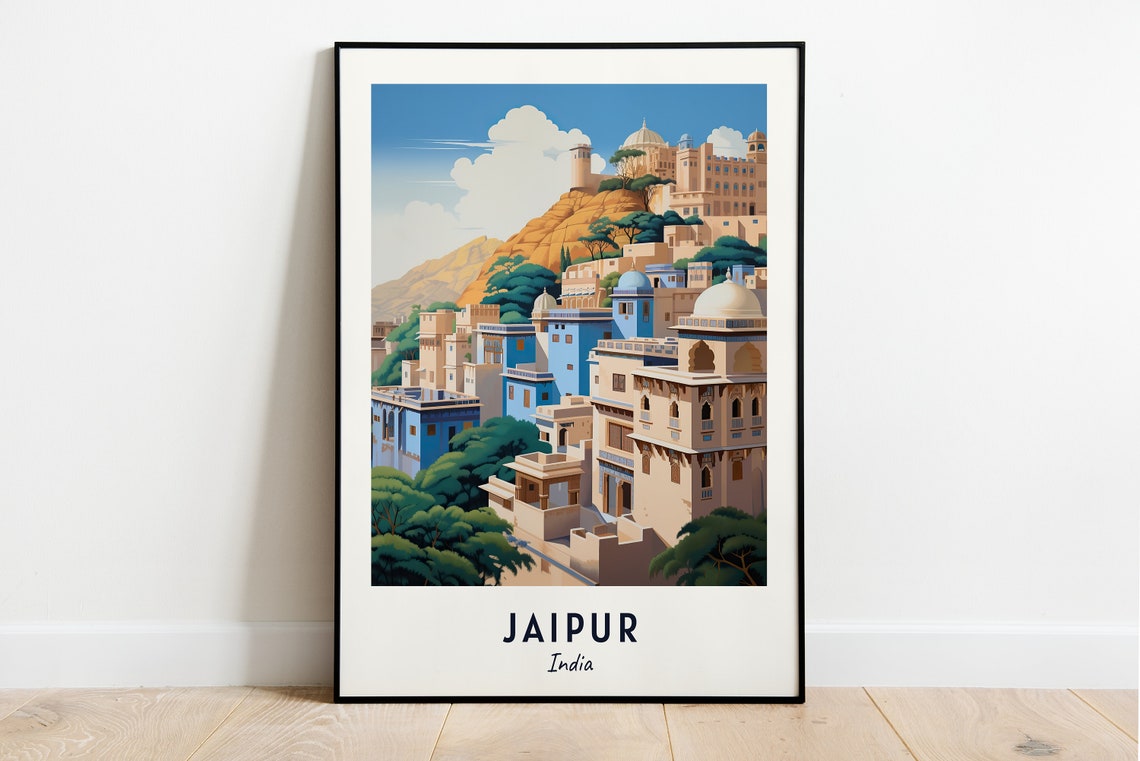 Jaipur India Hillside Palace Blue City Rajasthan Royal Travel Poster