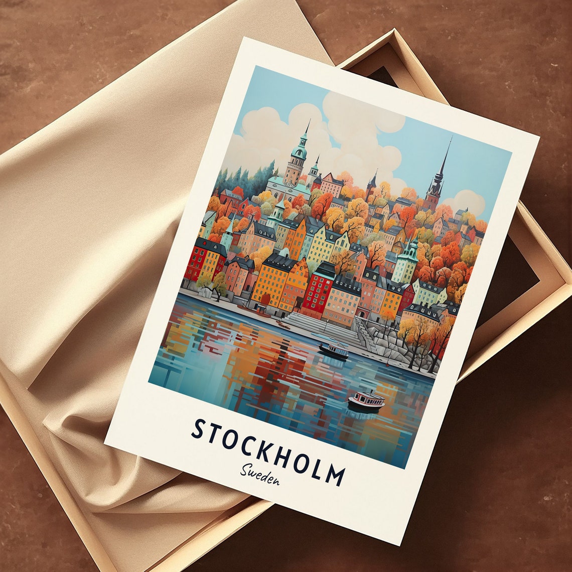 Stockholm Sweden Harbor Waterfront Autumn Hillside Travel Poster - Image 3