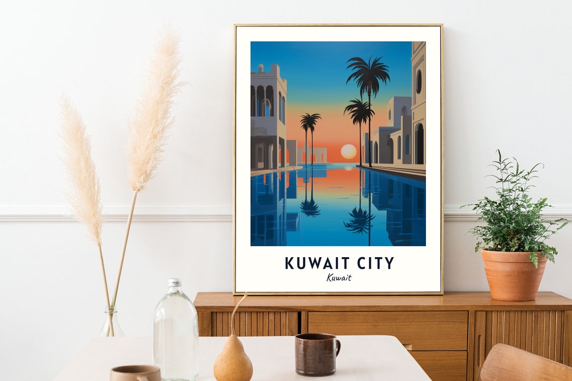 Kuwait City Sunset Canal Walkway Palms Reflection Travel Poster - Image 2