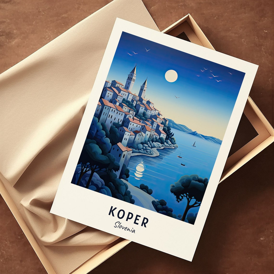 Koper Slovenia Moonlit Harbor Hilltop Old Town Night Scene Poster - Image 3