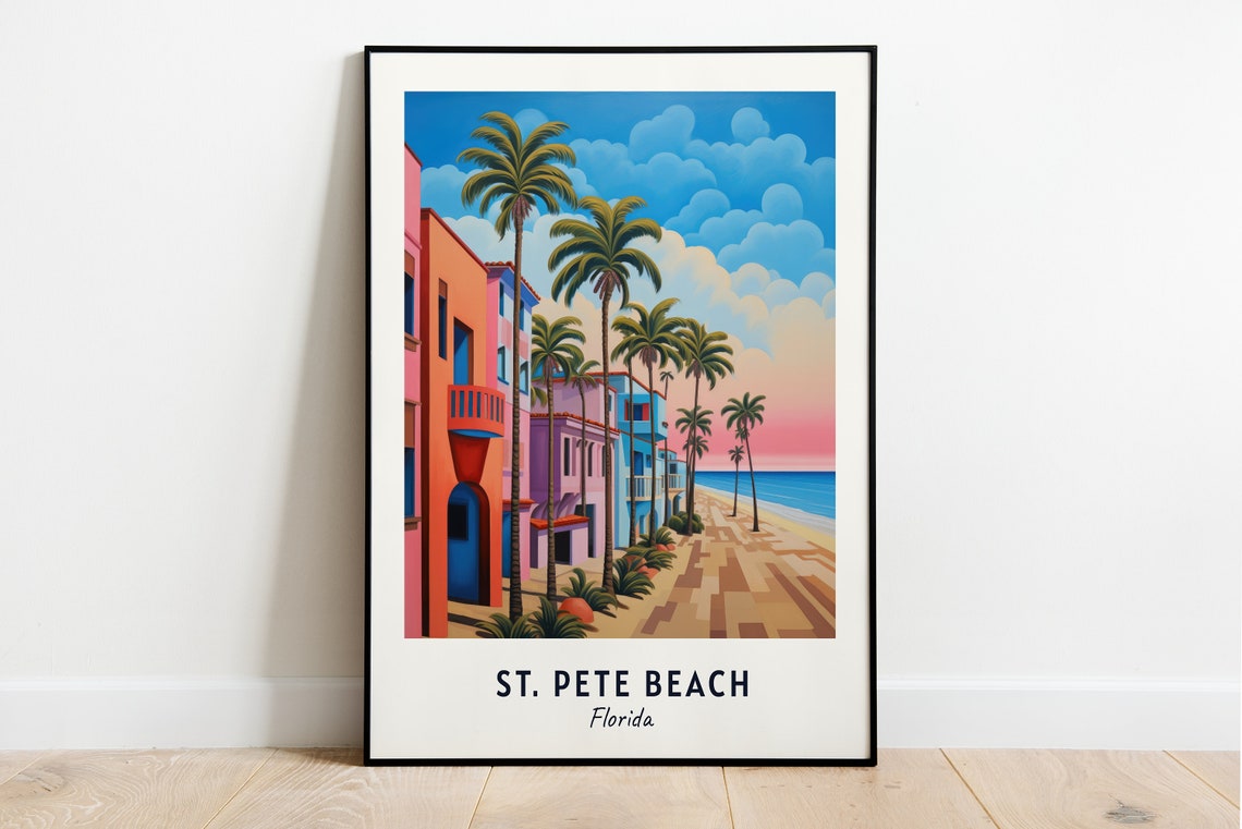 St Pete Beach Florida Pastel Buildings Palm Lined Shore Travel Poster
