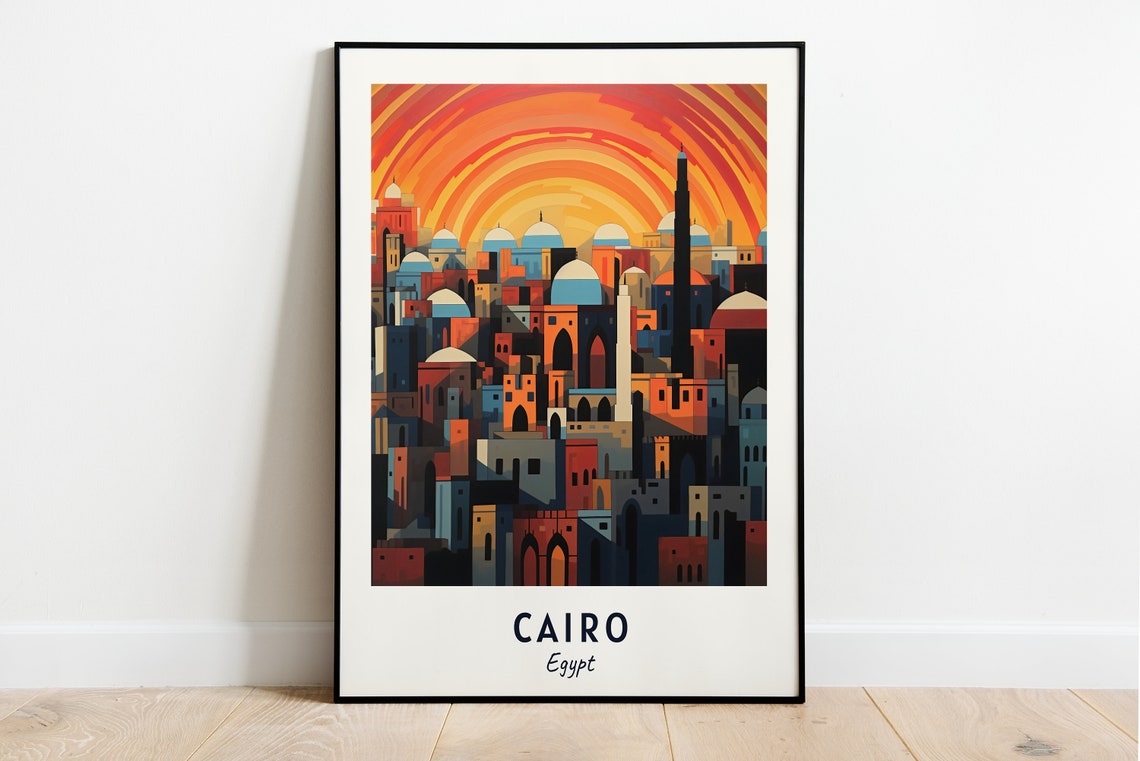 Cairo Egypt City Skyline Orange Sunset Domes Minarets Travel Poster