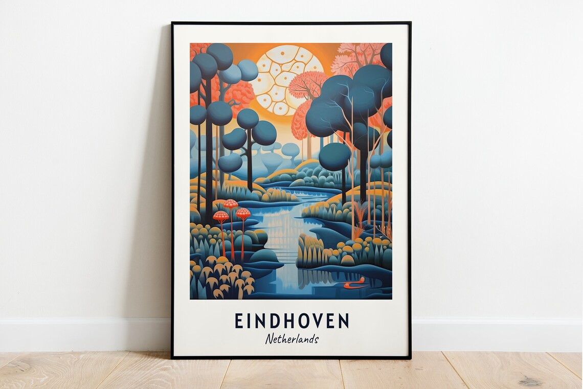 Eindhoven Netherlands Orange Moon Forest River Sunset Art Travel Poster