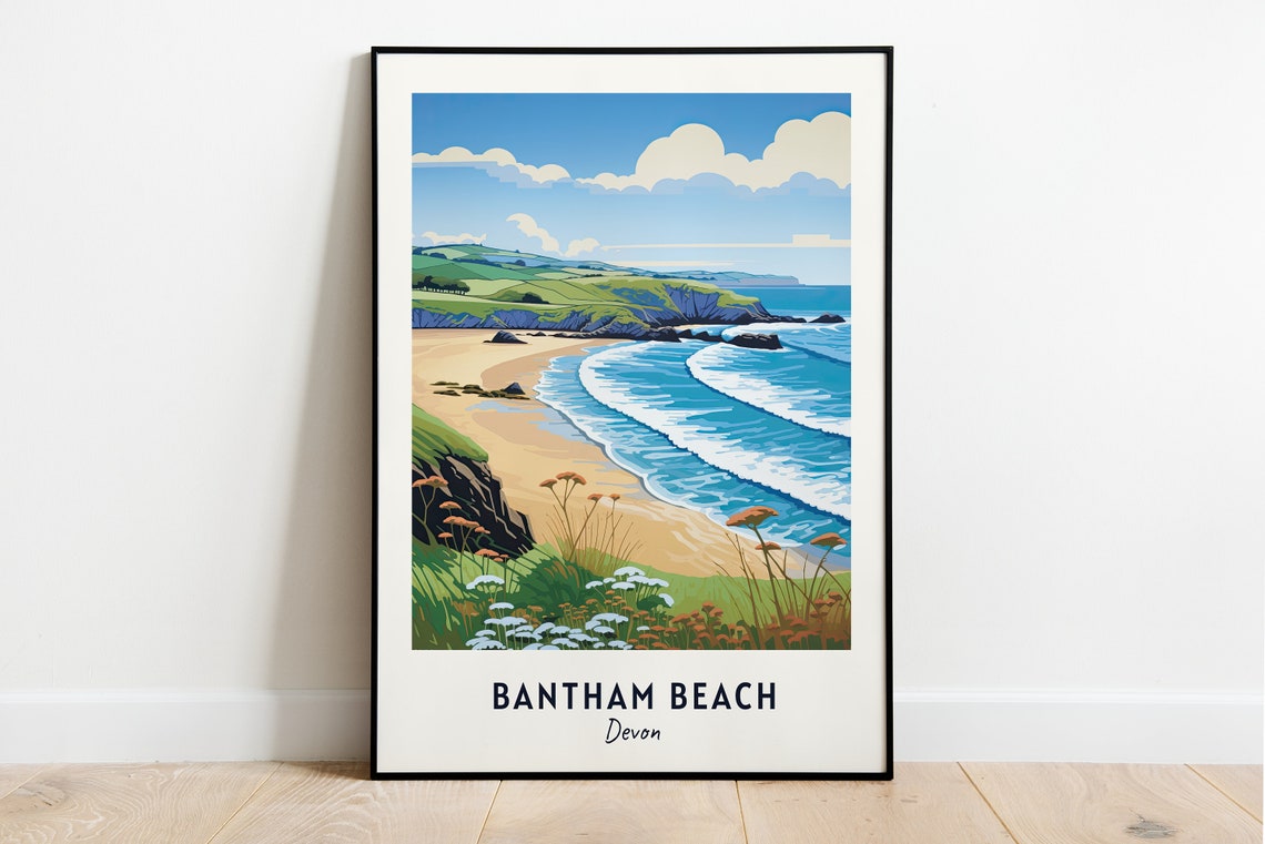 Bantham Beach Devon Sandy Shoreline Waves Wildflowers Poster