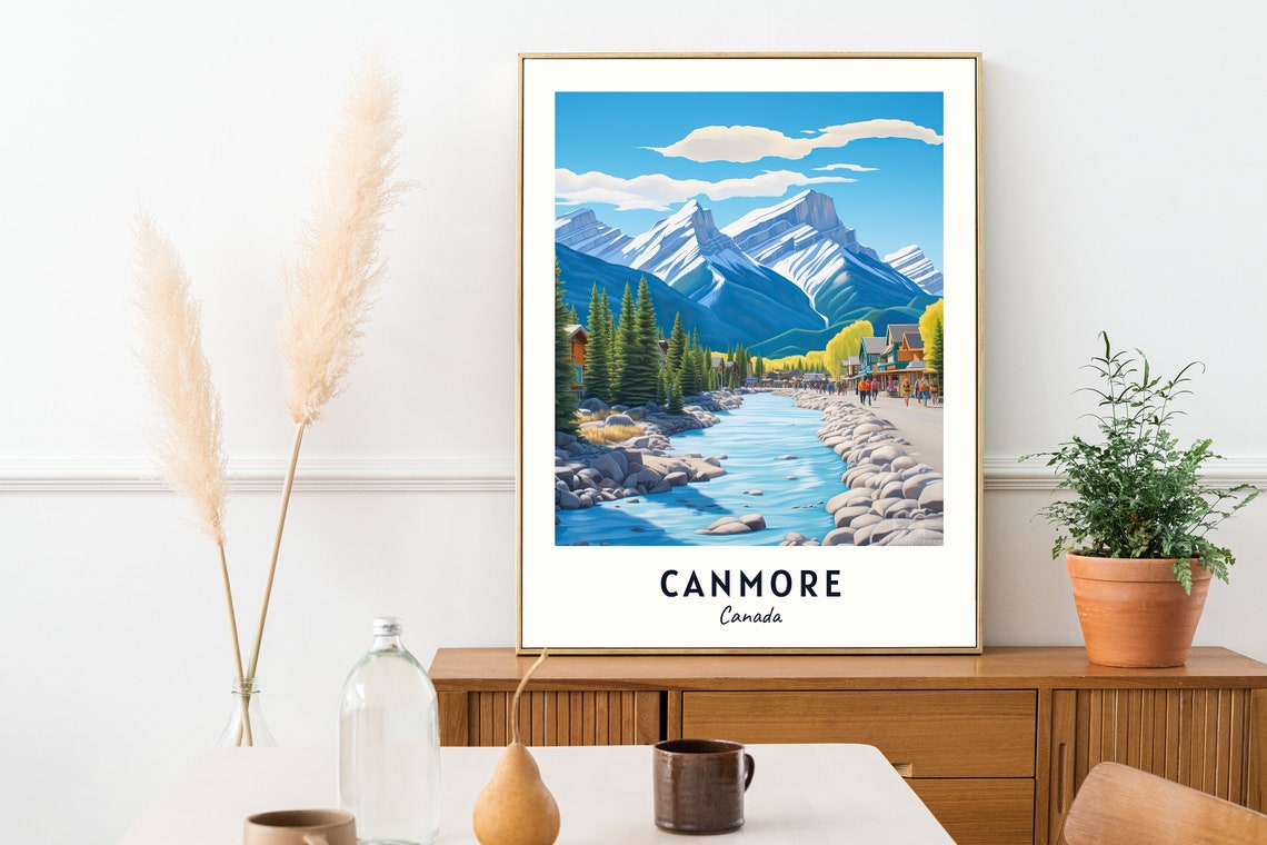 Scenic Canmore Canada Mountain River Street Rocky Peak View Poster - Image 2