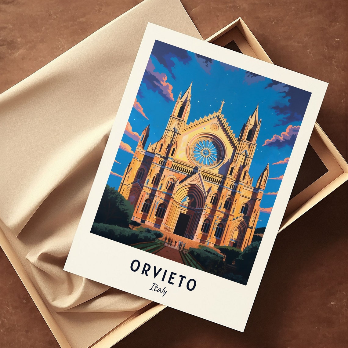 Orvieto Cathedral Gothic Facade Rose Window Twilight Travel Poster - Image 3
