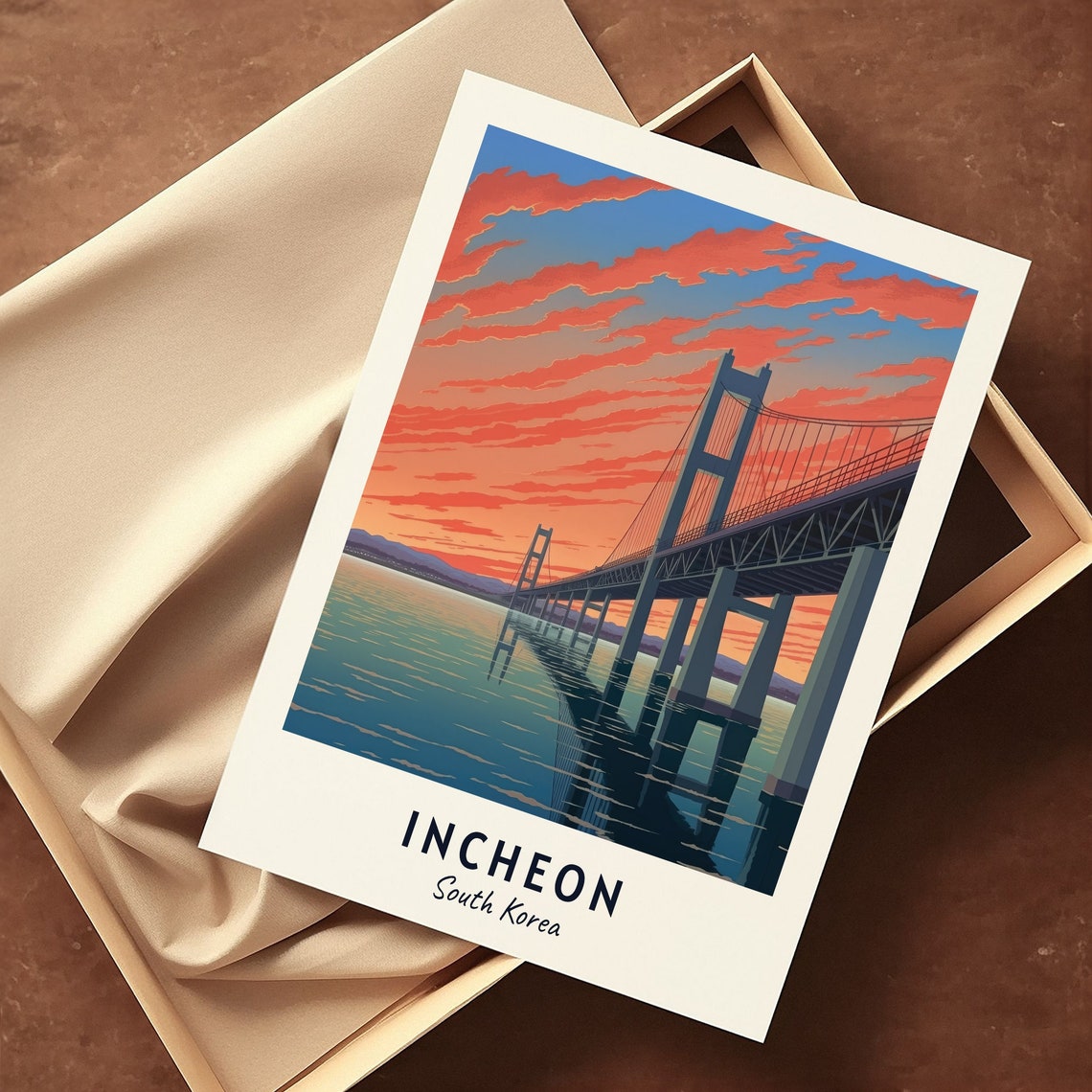 Incheon South Korea Bridge Sunset Reflection Travel Poster Artwork - Image 3