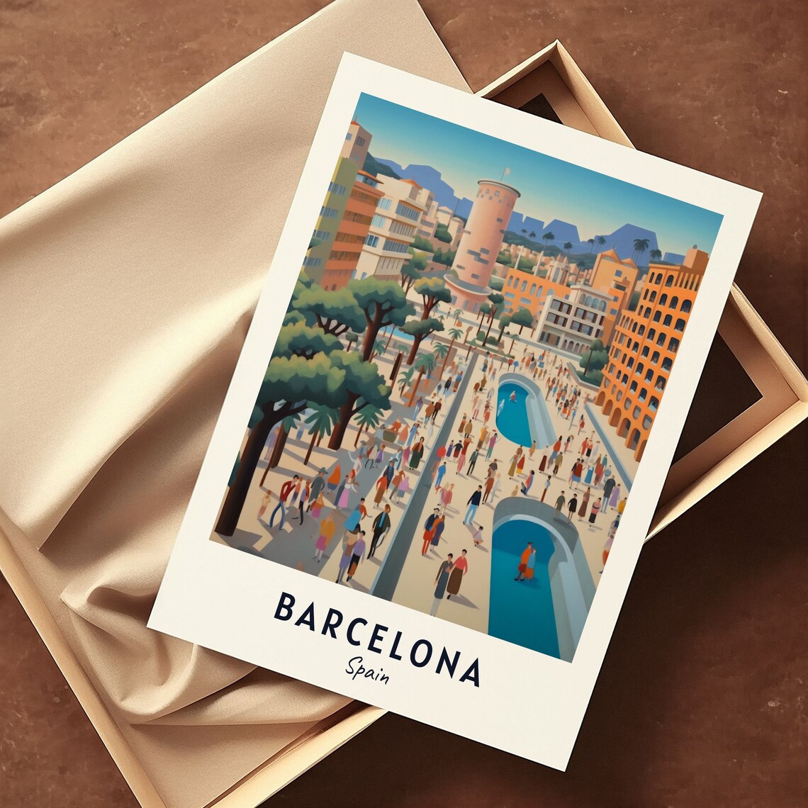 Barcelona Spain Bustling City Square Fountain Daytime Travel Poster - Image 3
