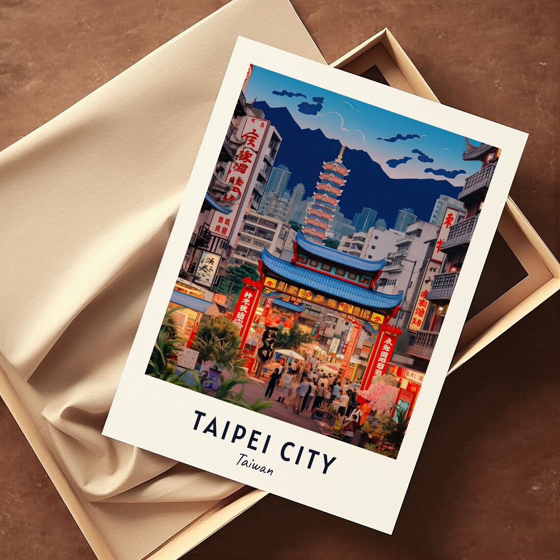 Taipei City Night Market Street Under the Pagoda Taiwan Travel Poster - Image 3