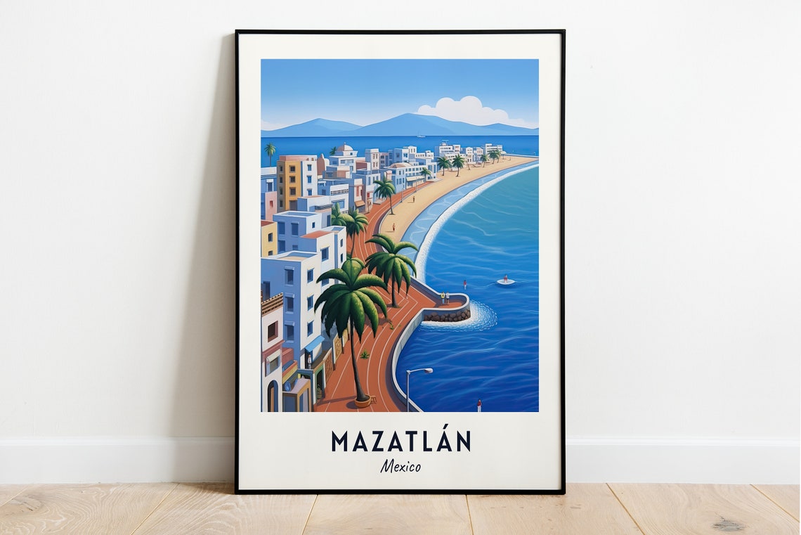 Mazatlan Malecon Mexico Palm Lined Beach Promenade Scene Poster
