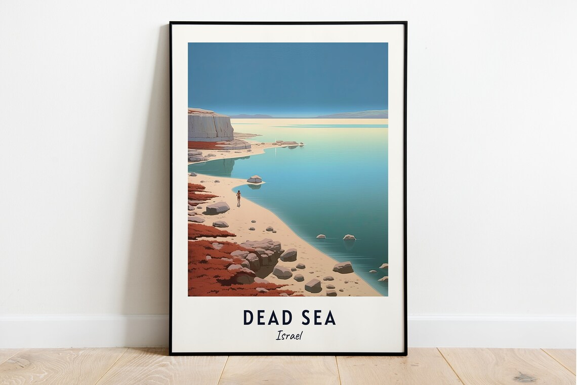 Dead Sea Israel Calm Shore Rocky Beach Lone Figure Travel Poster