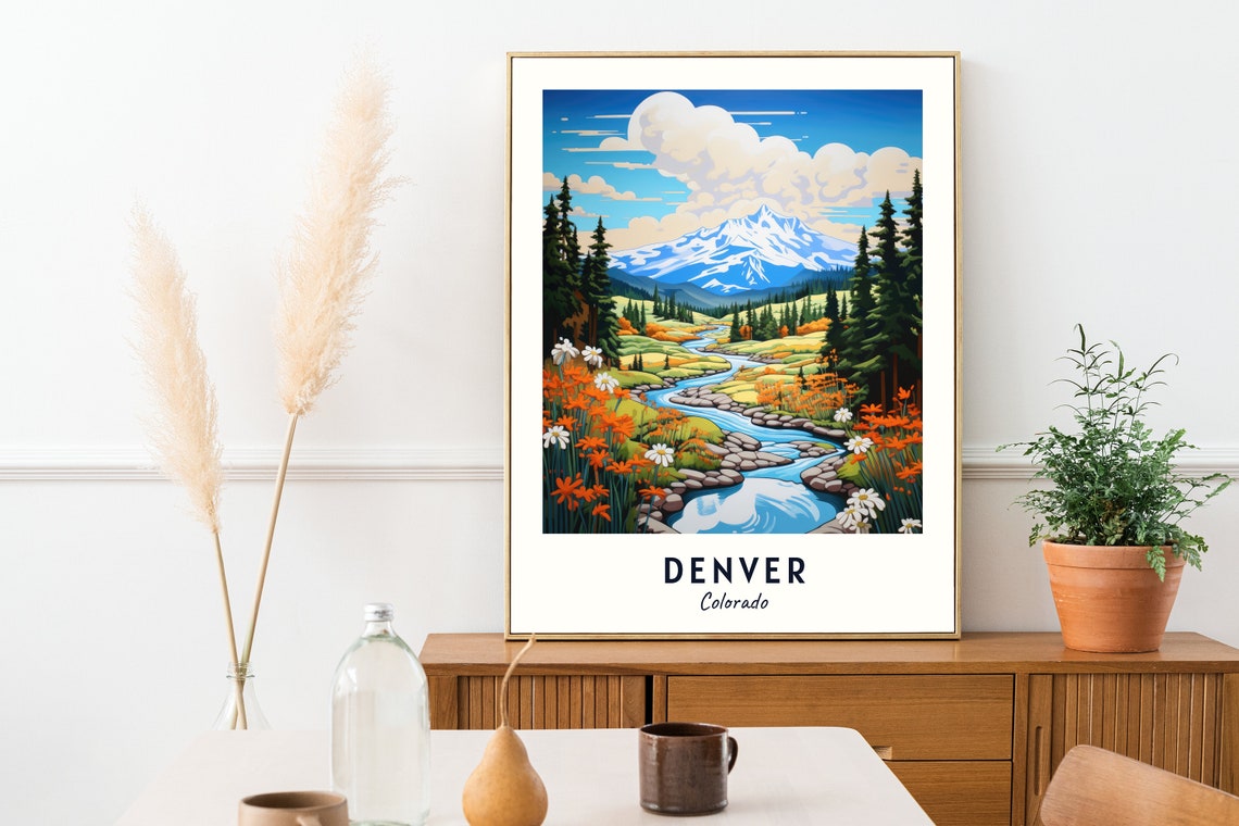 Denver Colorado Mountain Stream Wildflowers Snowy Peak View Poster - Image 2