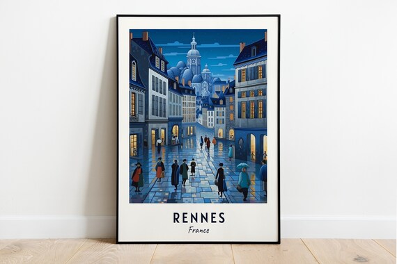 Rennes France Night Rain Old Town Street Travel Poster Home Decor