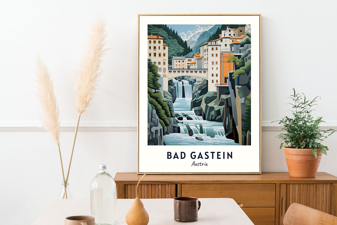 Bad Gastein Austria Waterfall Town Gorge Bridge Travel Poster - Image 2