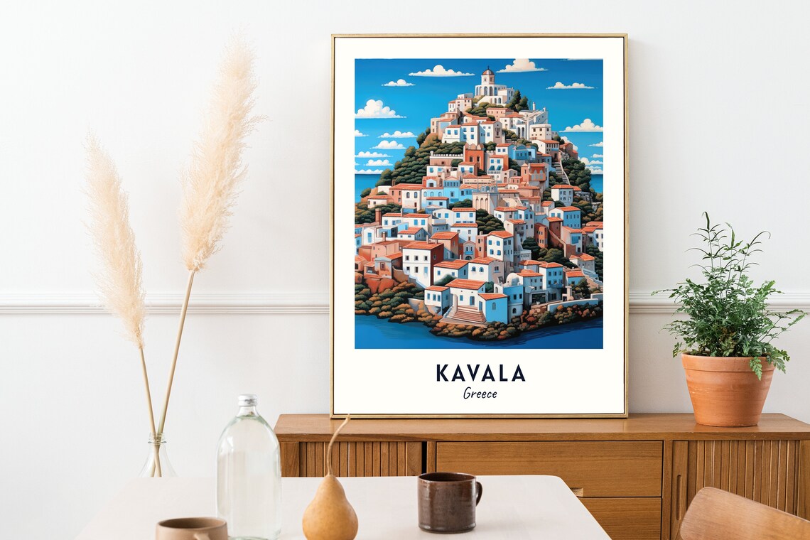 Kavala Hilltop Castle Old Town Aegean Coast View Travel Poster - Image 2