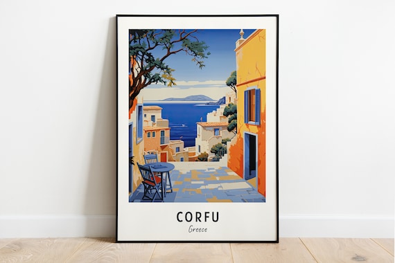 Corfu Greece Terrace Cafe Table Sea Overlook Village Travel Poster